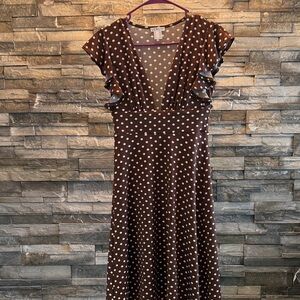 VENUS Brown and White Polka Dot Midi Dress